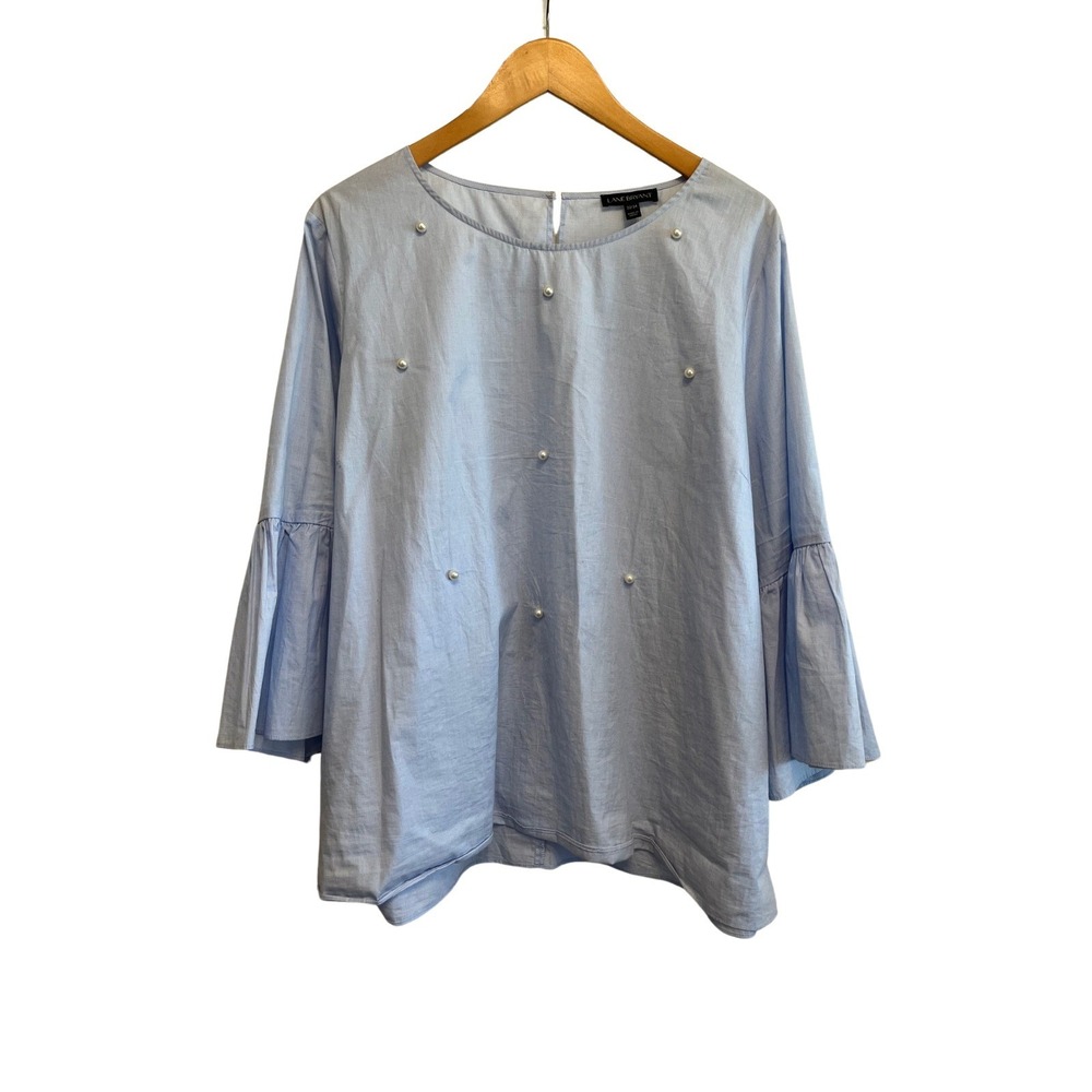 Lane Bryant Pearl Embellished Top Blue 3/4 Bell Sleeves Button High Lo Hem 22 24